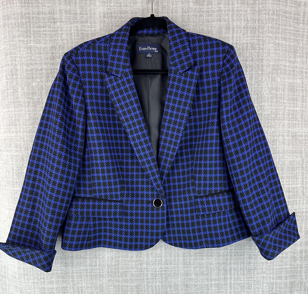 Evan Picone Blazer Womens 16 Blue Short Collared Lined Pockets Tweed Check